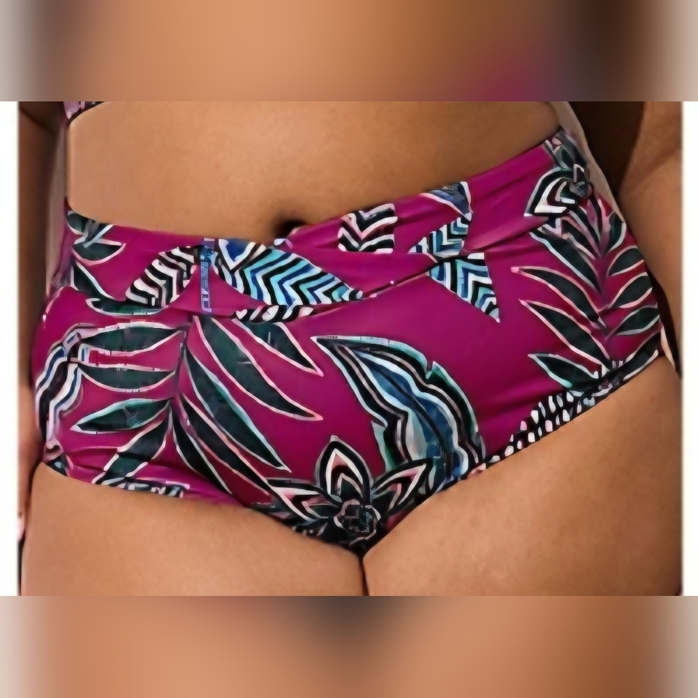 Crossover Waistband Swim Brief, Bikini Bottom Pink Tropical Size 16 Lane Bryant
